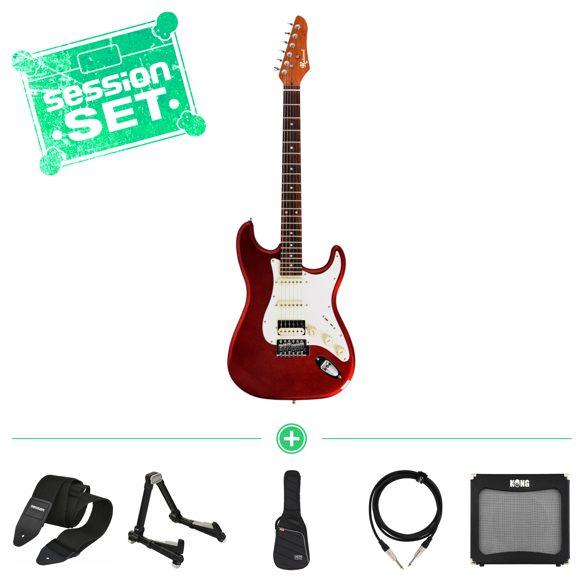 Redwood Standard S-Style RW RST HSS CAR E-Gitarren Set mit Gigbag, Verstärker & Zubehör