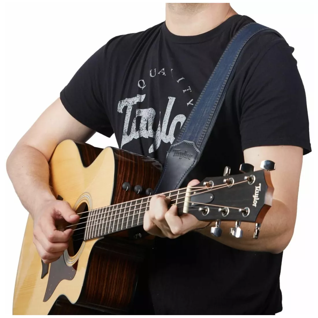 Taylor Taylor Blue Denim Strap 2.5" Navy Leather Edges