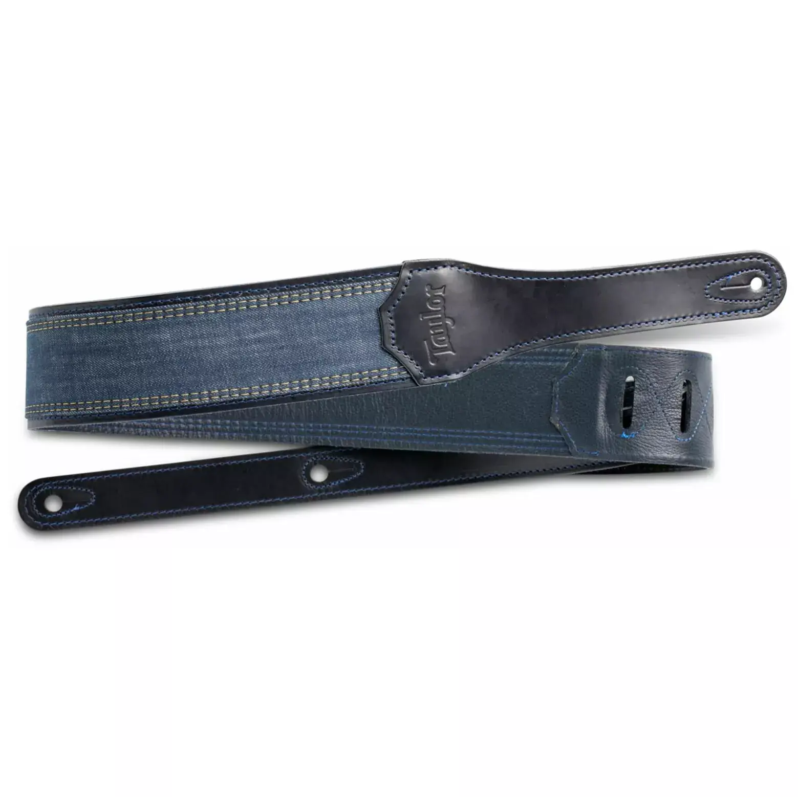 Taylor Taylor Blue Denim Strap 2.5" Navy Leather Edges 7
