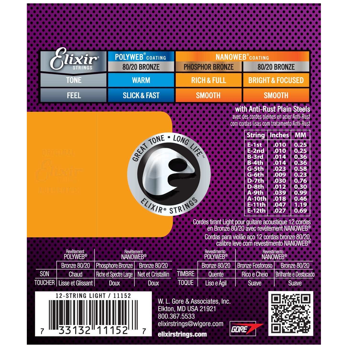 Elixir - Elixir 11152 Bronze Nanoweb Light 12-String 010-047 - 1